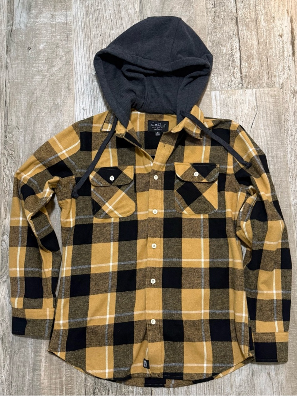 Free Planet Men’s Black & Yellow Plaid Hooded Flannel Shacket